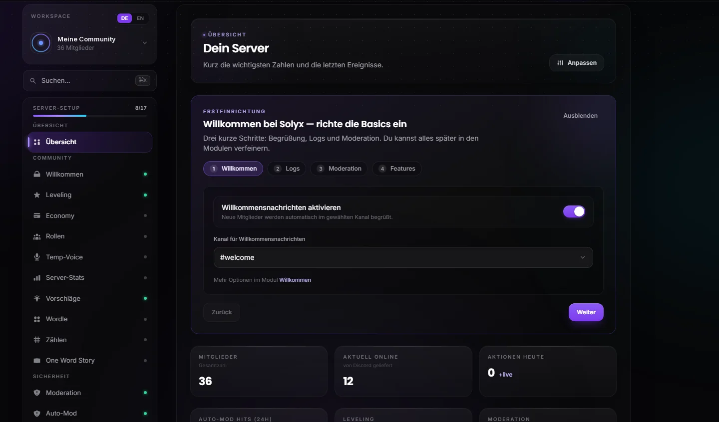 Server-Übersicht im Discord-Dashboard von Solyx: Modulliste, Ersteinrichtung und Kennzahlen